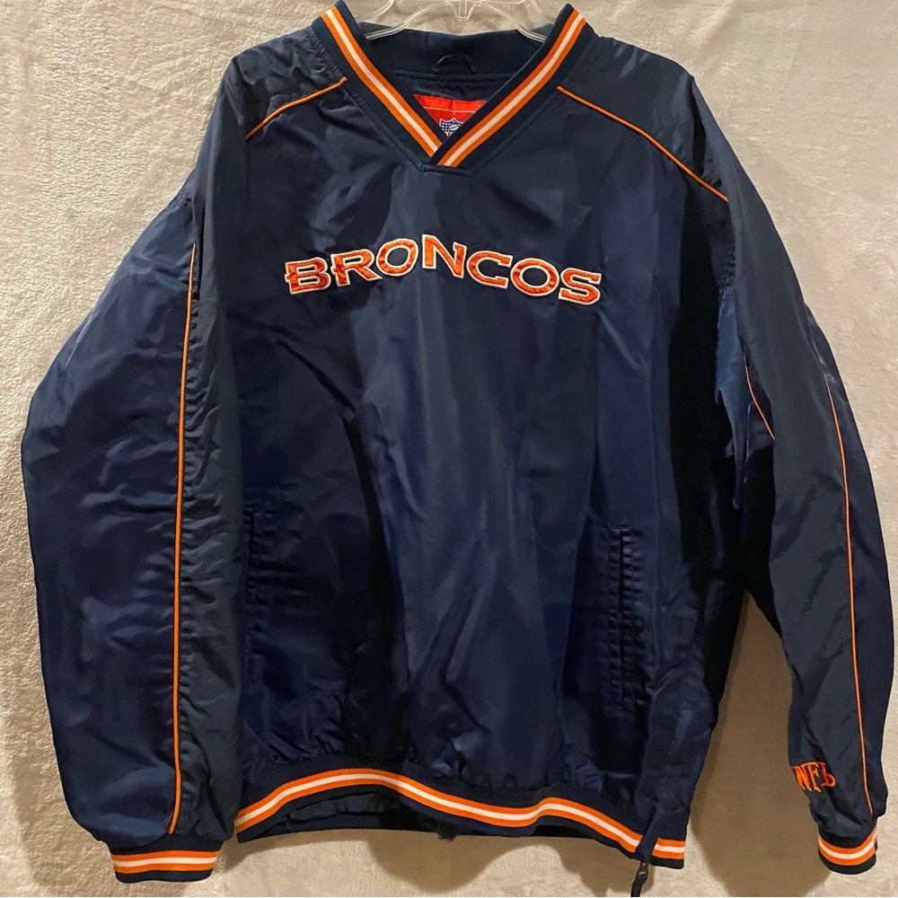 Denver Broncos Jacket Men’s Large Blue Vneck Pullover Spellout Stitched Logo